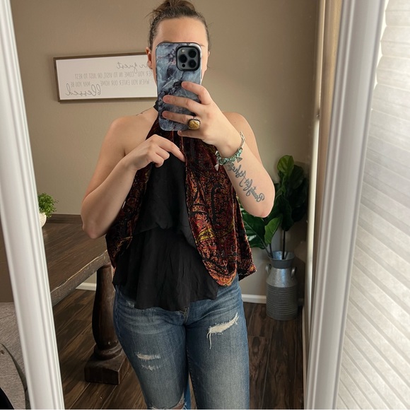 FP Velvet Burnout Paisley Red Orange Yellow black neck tie sleeveless XS - Picture 6 of 13